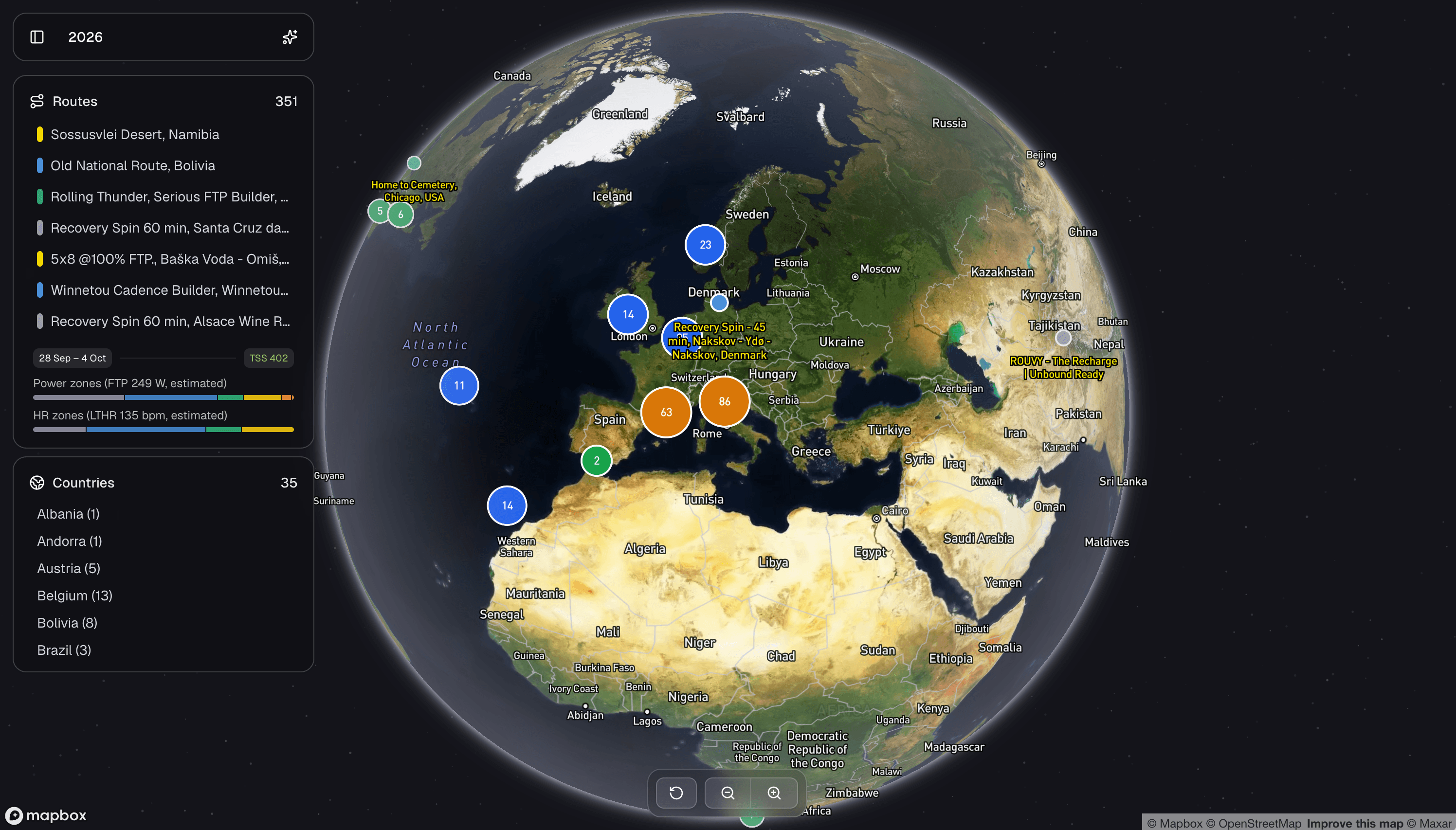 Globe view with the Routes card: last 7 days of rides, weekly TSS, and power and HR zone lines